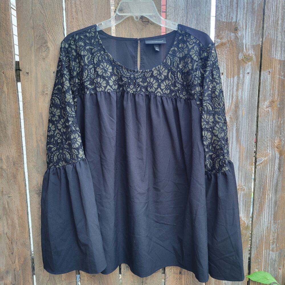 Lane Bryant Women’s Black Green Top Floral Lace Bell Sleeves Size 18